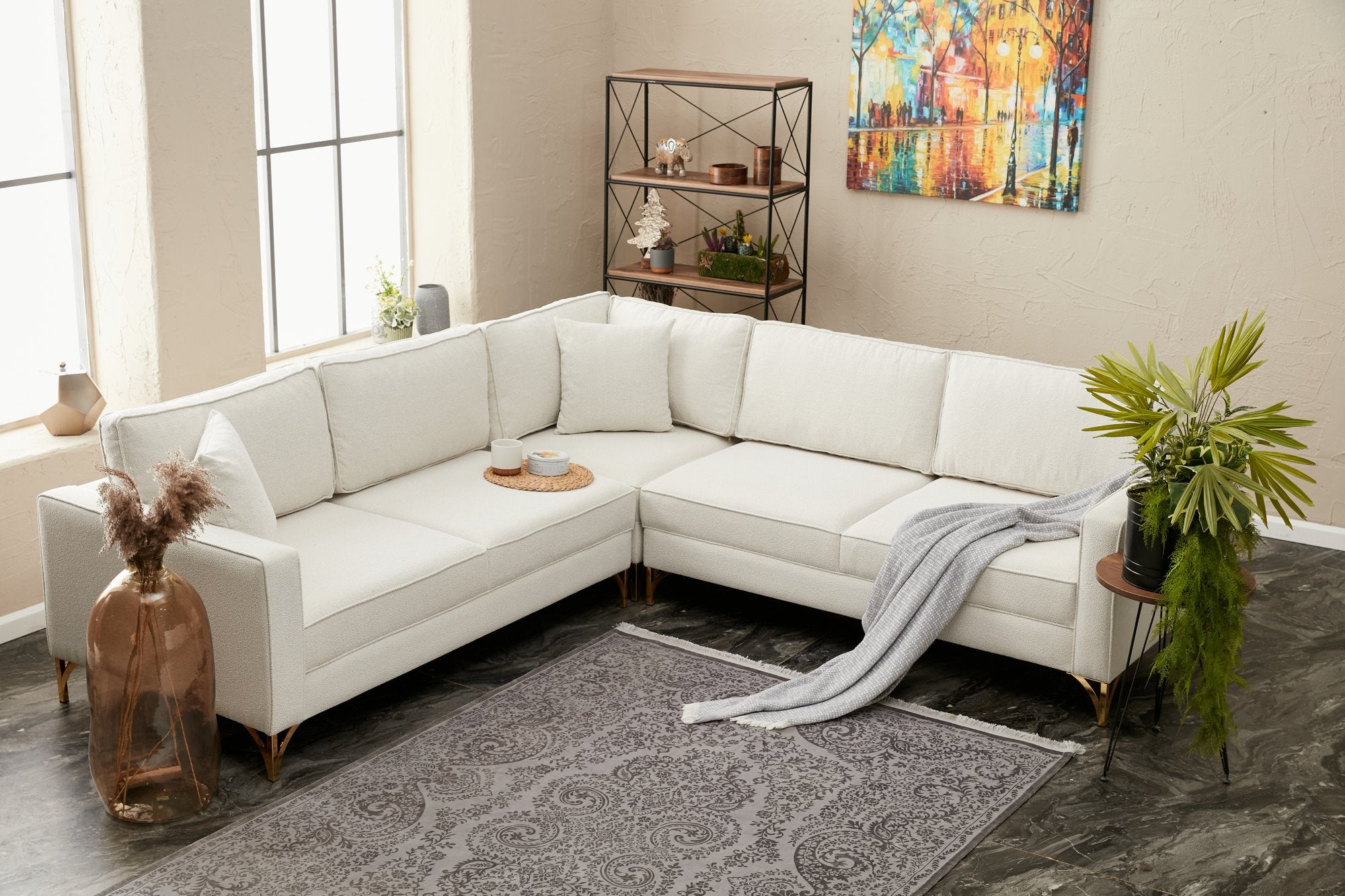 Ecksofa Symmetrisch, 4-Sitzer, aus Stoff, Berlin Creme