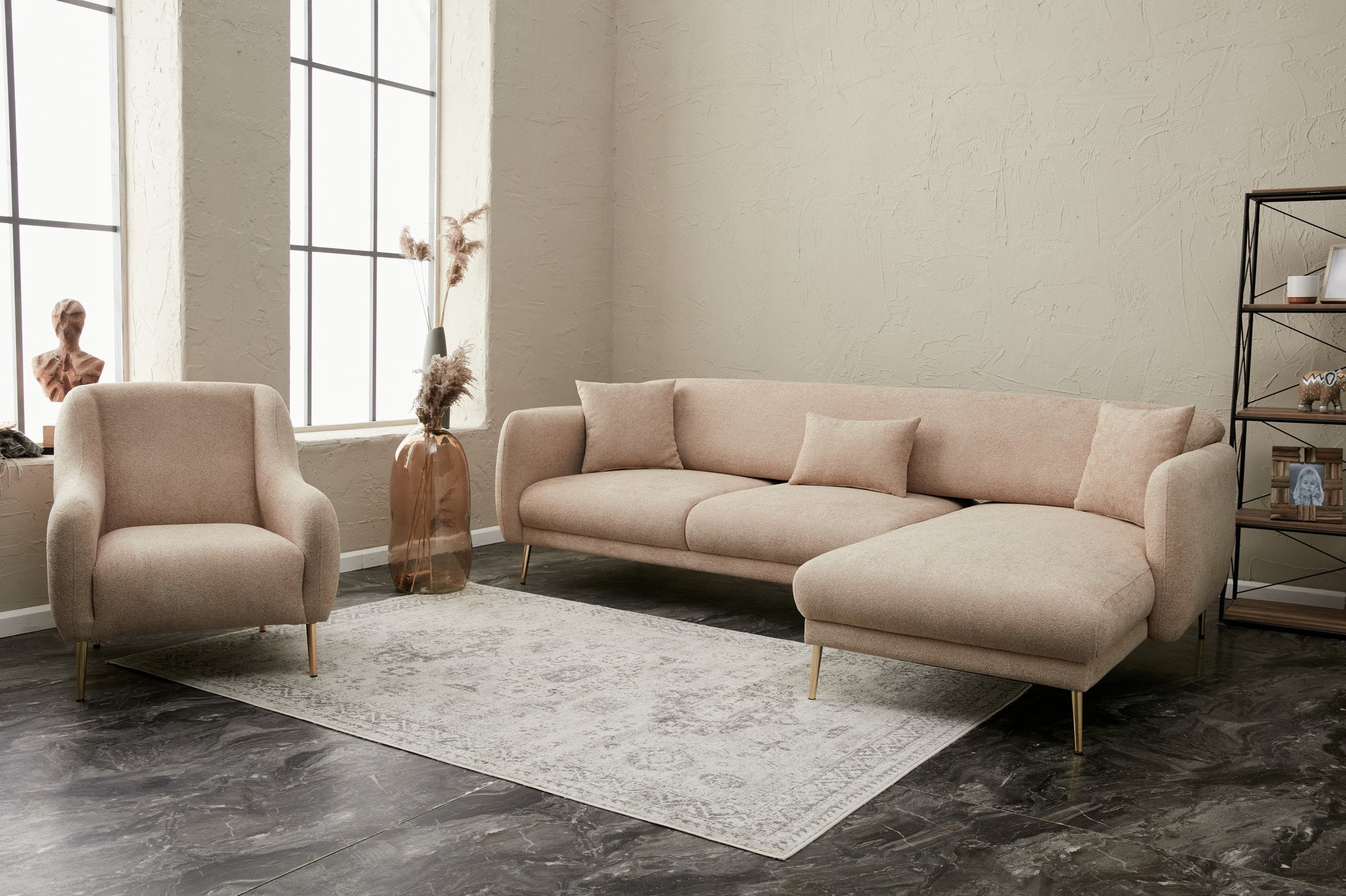 Ecksofa Schlaffunktion mit Chaiselongue Rechts, 3-Sitzer, aus Stoff, Simena Beige (2)