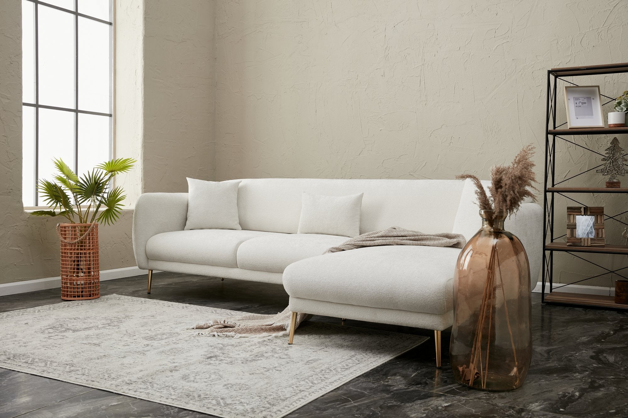 Ecksofa Schlaffunktion mit Chaiselongue Rechts, 3-Sitzer, aus Stoff, Simena Creme (2)