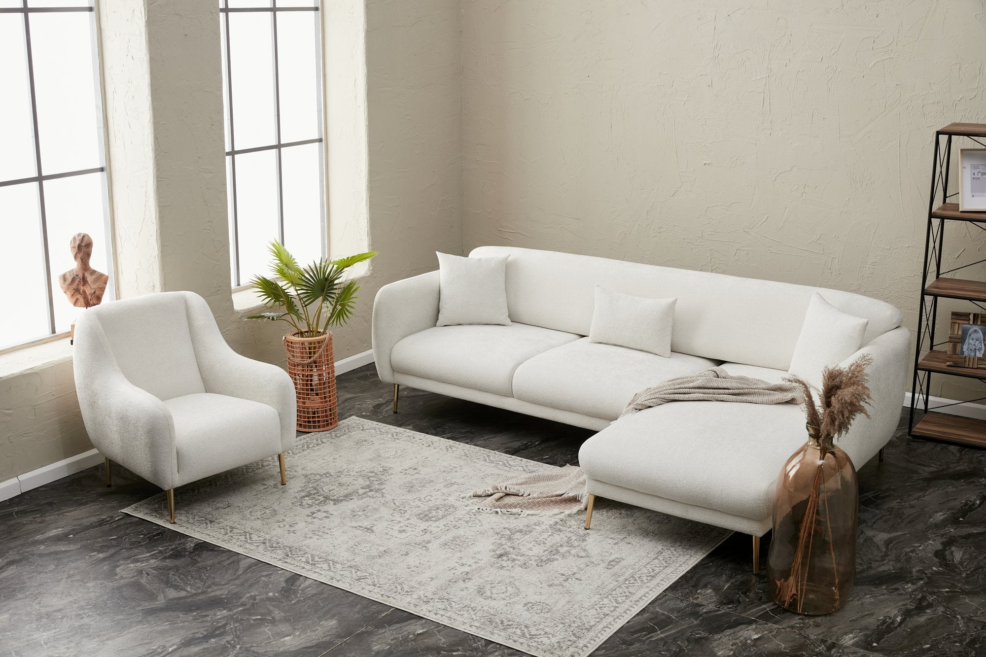 Ecksofa Schlaffunktion mit Chaiselongue Rechts, 3-Sitzer, aus Stoff, Simena Creme (3)