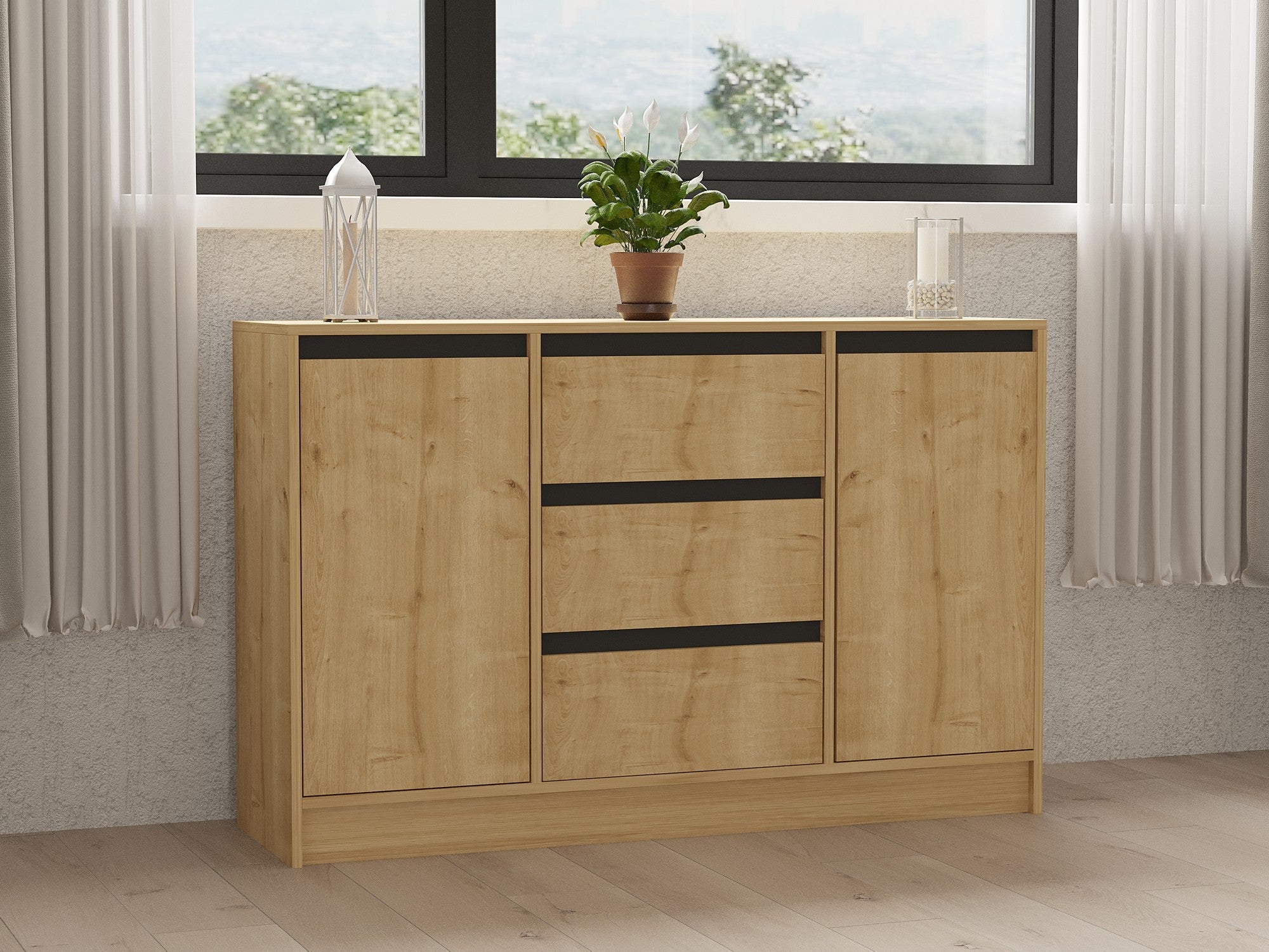 Sideboard mit 3 schubladen und 2 türen, Sadu Eiche