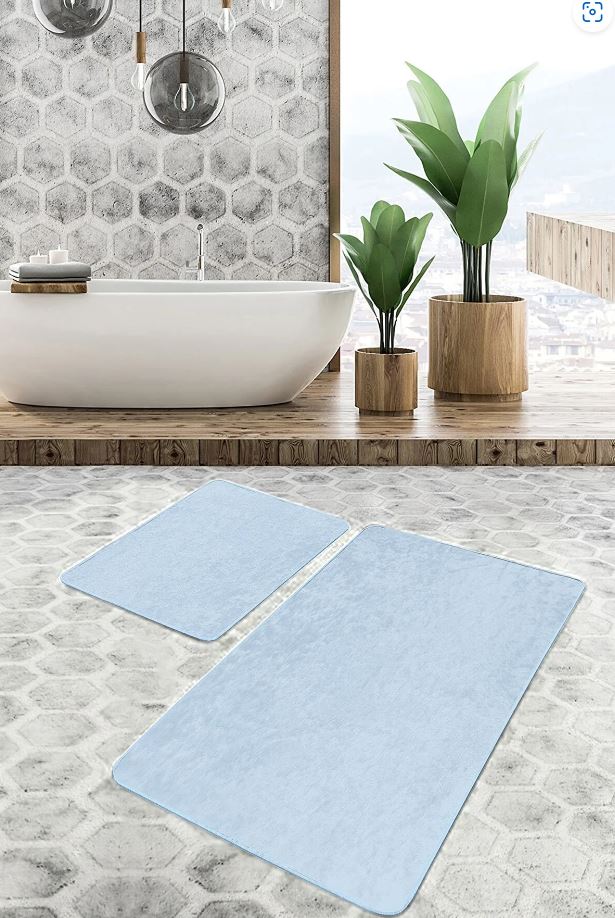 Badematten rutschfest Set 2-teilig Seyran BPS624 Rectangle Bleu 100 x 60 cm / 60 x 50 cm Blau, 100 x 60 cm / 60 x 50 cm (1)