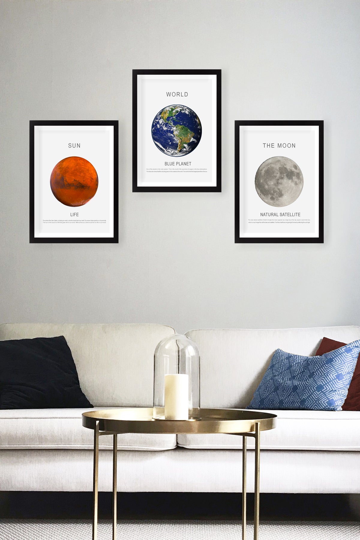 Bilder 3er Set Sun Moon Earth Mehrfarben, 102 x 44 cm