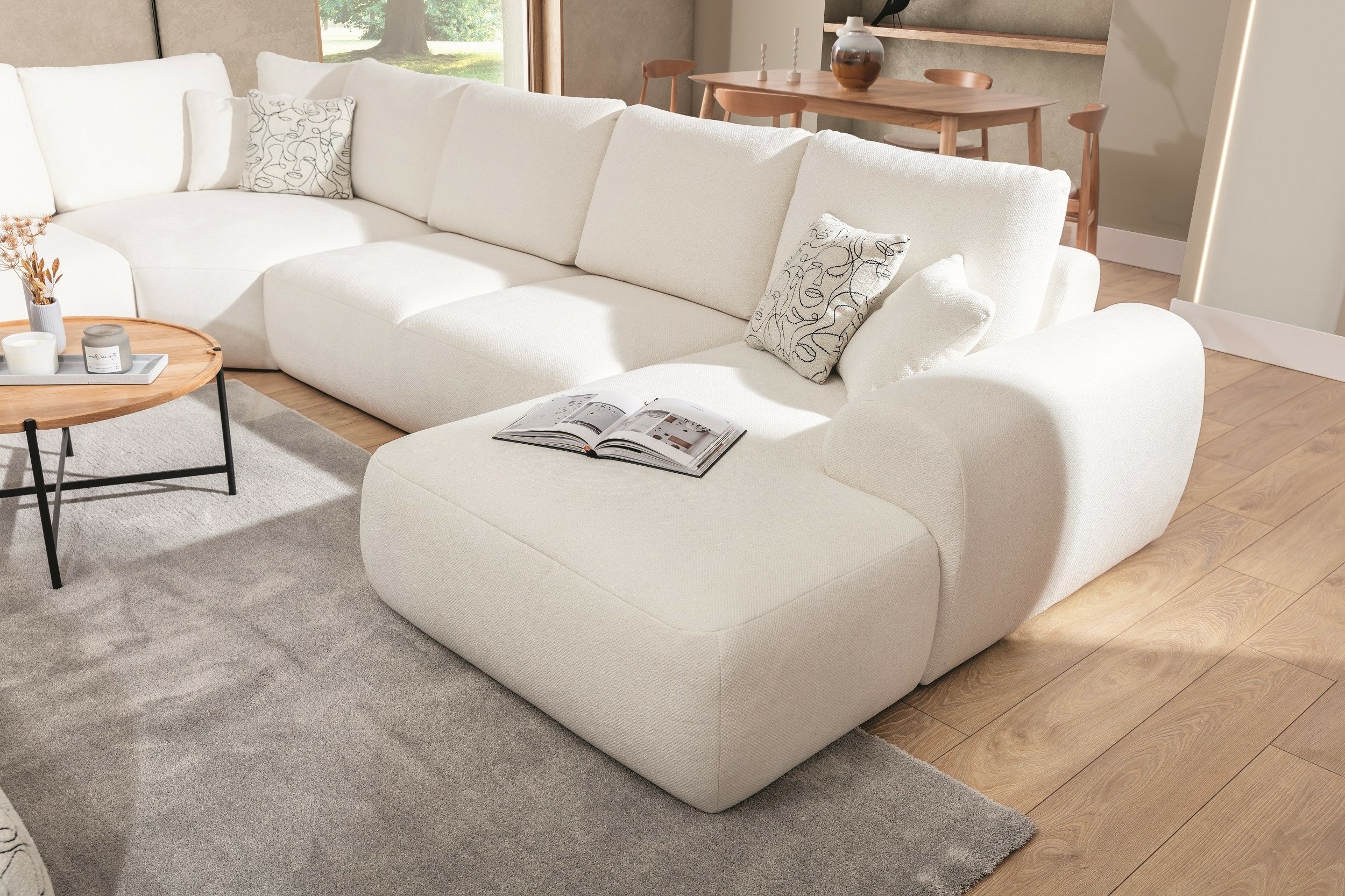 Ecksofa mit Chaiselongue Rechts, 6-Sitzer, aus Stoff, Dionisia Weiß (1)