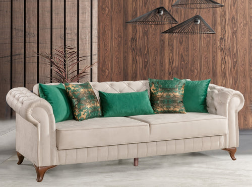 Schlafsofa mit Stauraum, aus Samtstoff, 3-Sitzer, Pedesa Creme