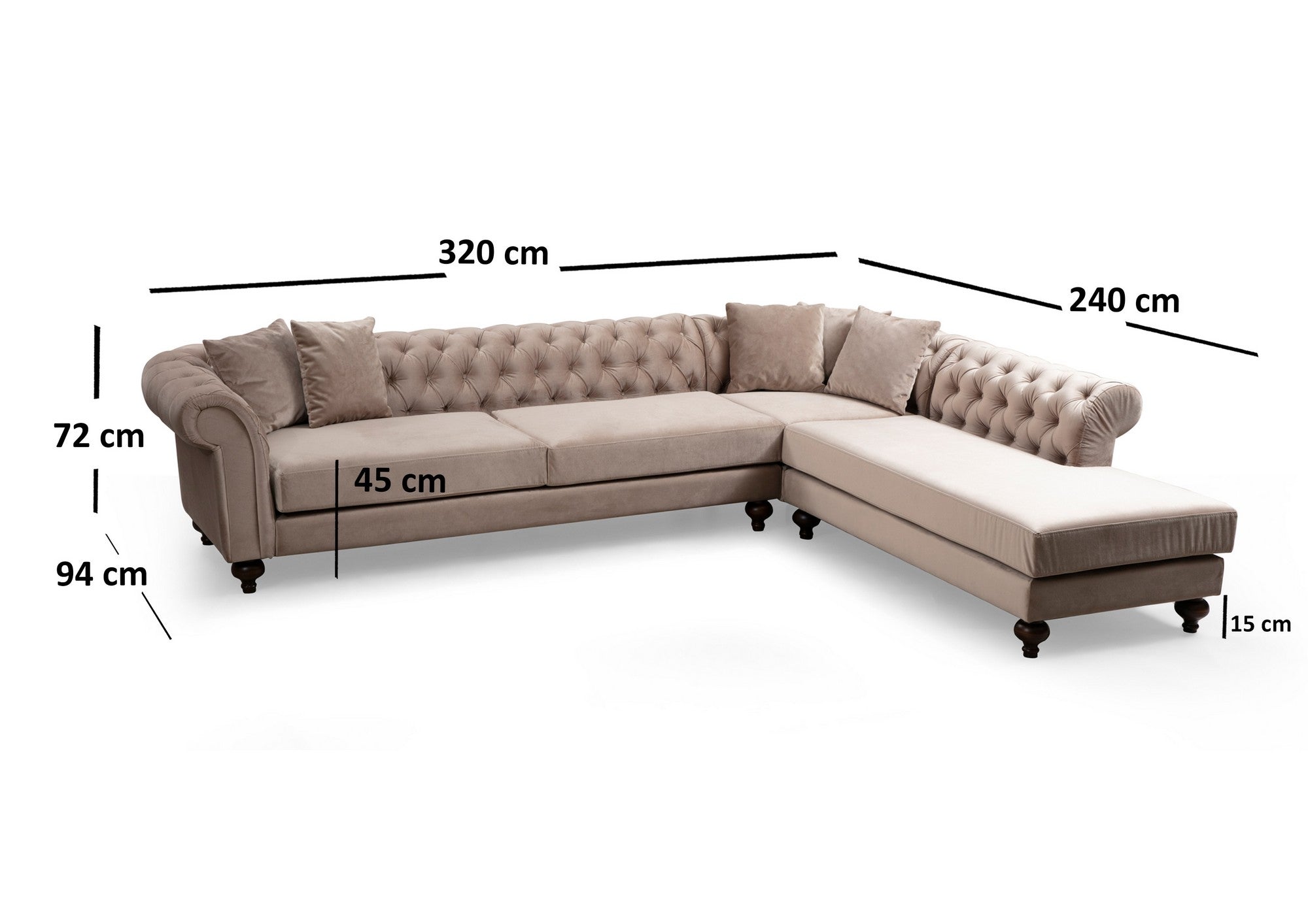 Ecksofa mit Chaiselongue Rechts, 6-Sitzer, aus Samtstoff, Bogart Beige (4)