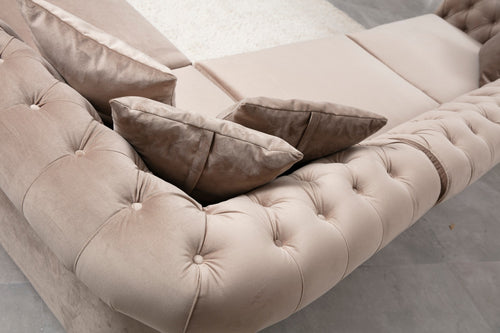 Ecksofa mit Chaiselongue Rechts, 6-Sitzer, aus Samtstoff, Bogart Beige (1)