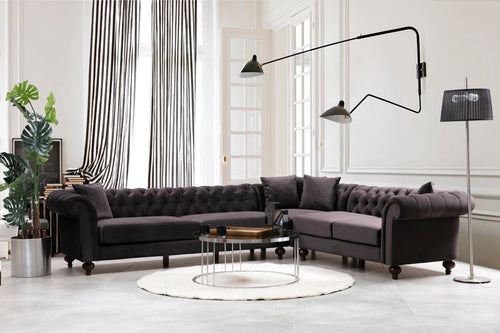 Ecksofa mit Chaiselongue Rechts, 5-Sitzer, aus Samtstoff, Bogart Braun (1)