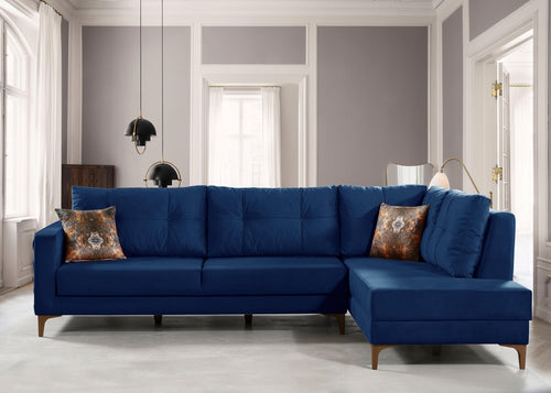 Ecksofa Schlaffunktion mit Chaiselongue Rechts, 4-Sitzer, aus Samtstoff, Cinar Blau (1)