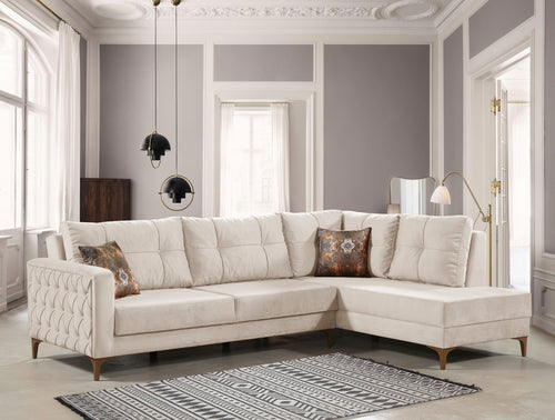 Ecksofa Schlaffunktion mit Chaiselongue Rechts, 4-Sitzer, aus Samtstoff, Cinar Creme