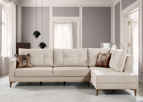 Ecksofa Schlaffunktion mit Chaiselongue Rechts, 4-Sitzer, aus Samtstoff, Cinar Creme (1)