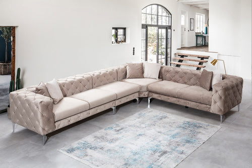 Ecksofa mit Chaiselongue Rechts, 5-Sitzer, aus Samtstoff, Como Beige (1)