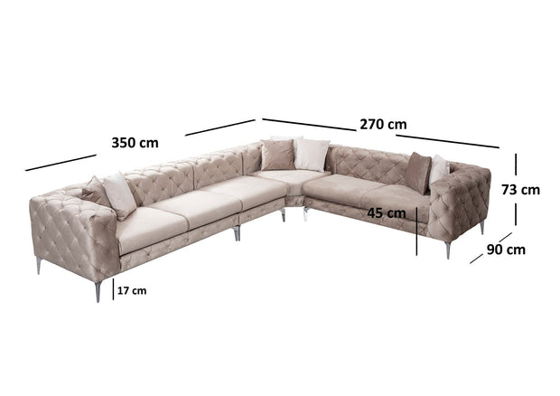 Ecksofa mit Chaiselongue Rechts, 5-Sitzer, aus Samtstoff, Como Beige (6)