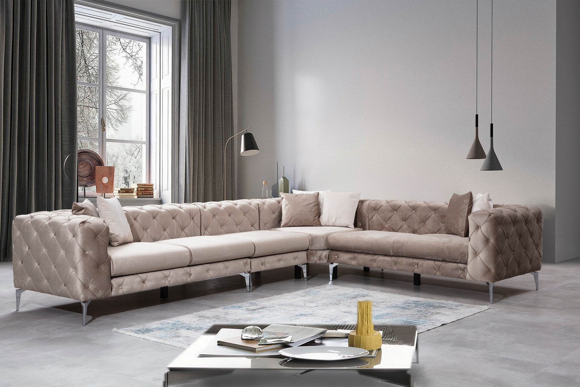 Ecksofa mit Chaiselongue Rechts, 5-Sitzer, aus Samtstoff, Como Beige