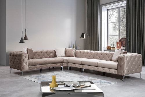 Ecksofa mit Chaiselongue Links, 5-Sitzer, aus Samtstoff, Como Beige