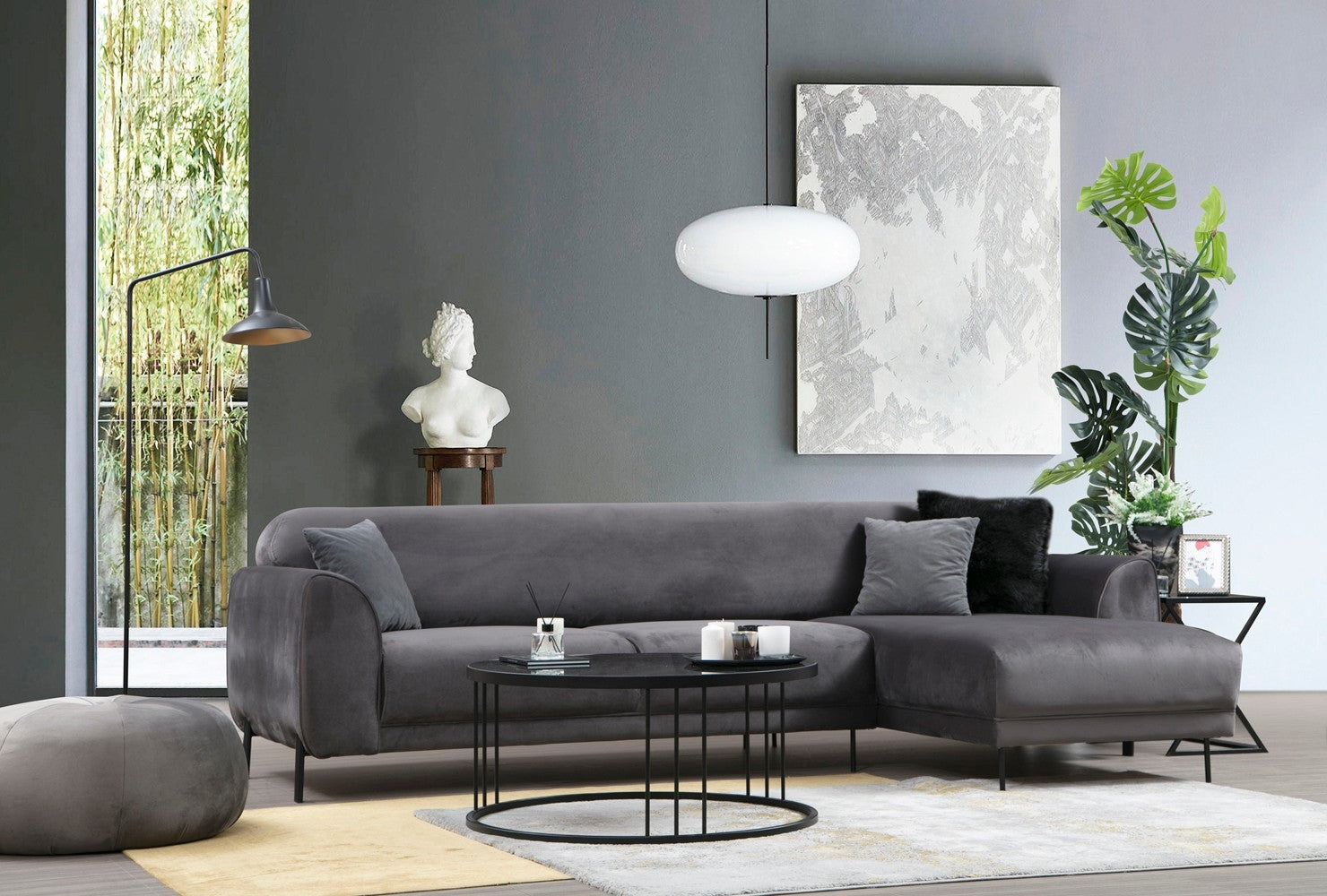 Ecksofa mit Chaiselongue Rechts, 3-Sitzer, aus Samtstoff, Image Anthrazit