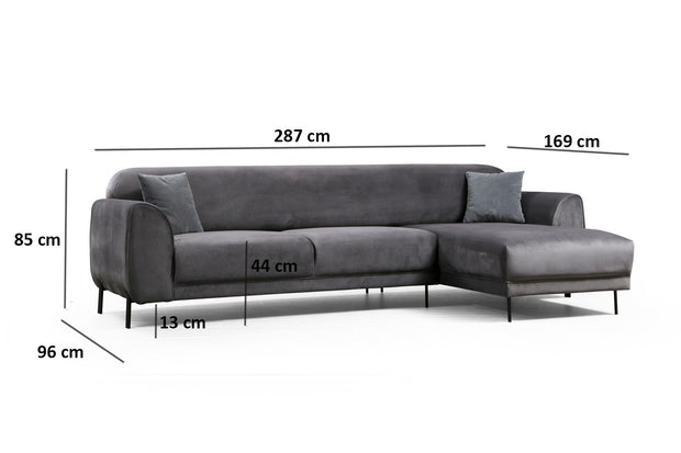 Ecksofa mit Chaiselongue Rechts, 3-Sitzer, aus Samtstoff, Image Anthrazit (14)