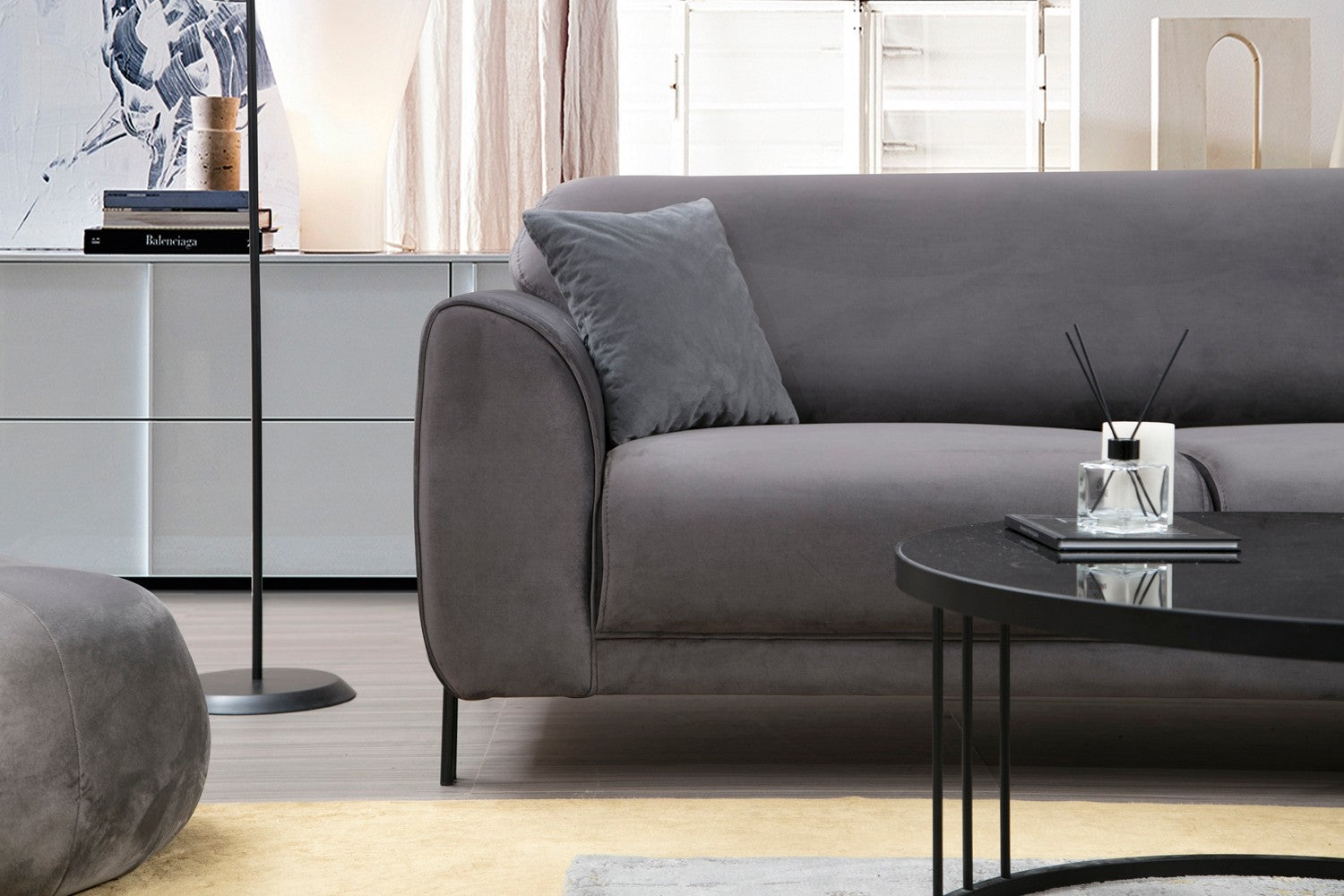 Ecksofa mit Chaiselongue Rechts, 3-Sitzer, aus Samtstoff, Image Anthrazit (3)