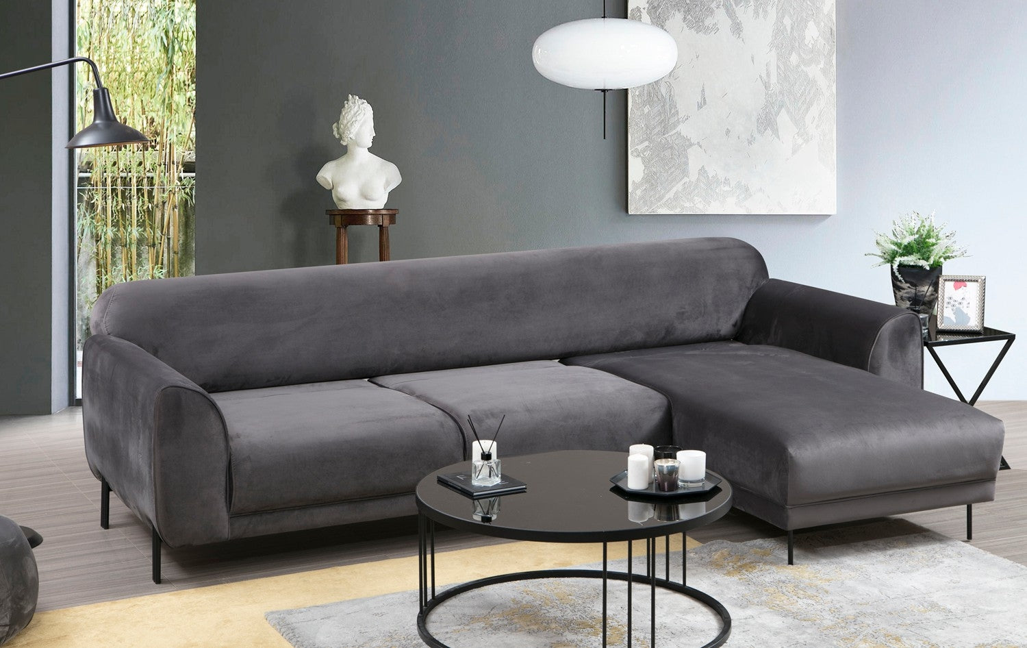 Ecksofa mit Chaiselongue Rechts, 3-Sitzer, aus Samtstoff, Image Anthrazit (2)