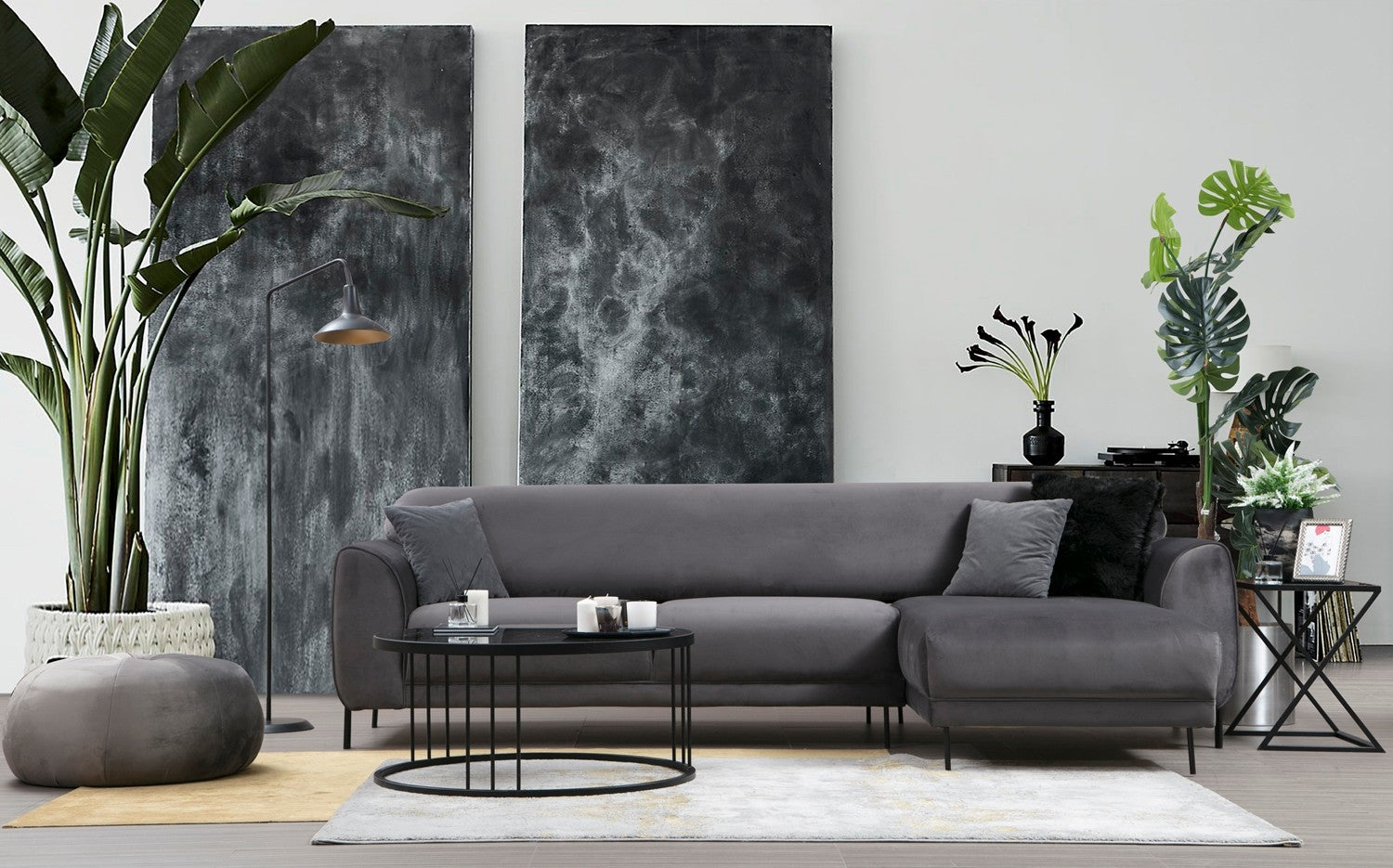 Ecksofa mit Chaiselongue Rechts, 3-Sitzer, aus Samtstoff, Image Anthrazit (1)