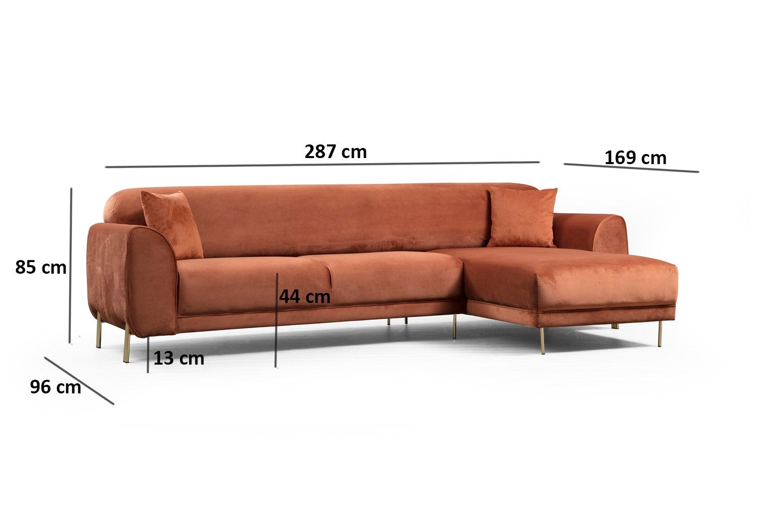 Ecksofa mit Chaiselongue Rechts, 3-Sitzer, aus Samtstoff, Image Rost (15)