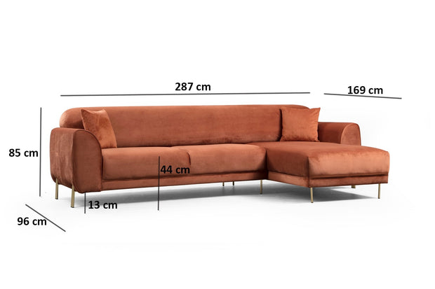 Ecksofa mit Chaiselongue Rechts, 3-Sitzer, aus Samtstoff, Image Rost (15)