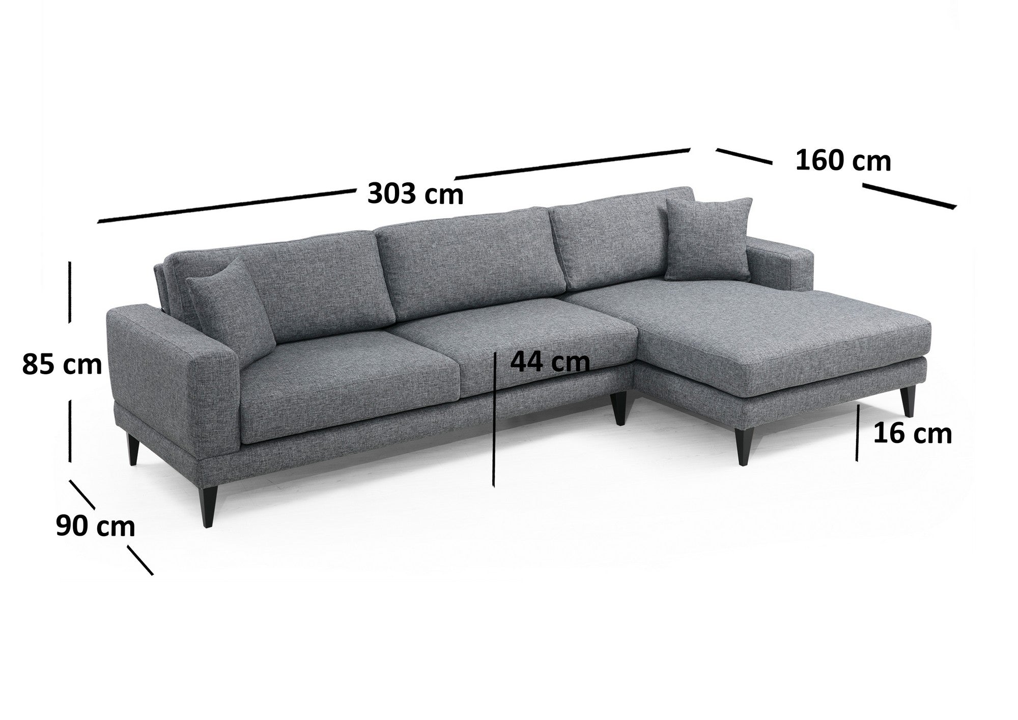 Ecksofa mit Chaiselongue Rechts, 3-Sitzer, aus Stoff, Nordi Grau (10)