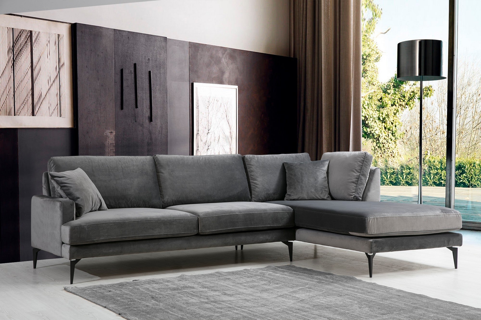 Ecksofa mit Chaiselongue Rechts, 4-Sitzer, aus Samtstoff, Papira Anthrazit