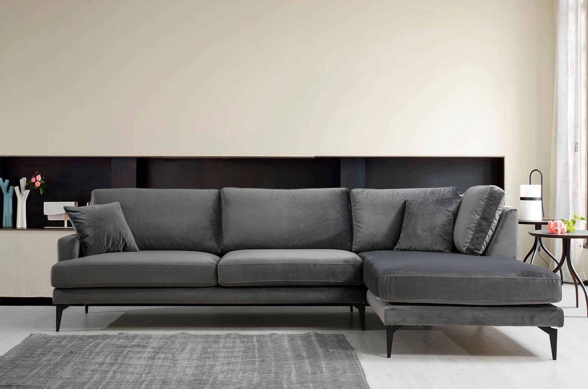 Ecksofa mit Chaiselongue Rechts, 4-Sitzer, aus Samtstoff, Papira Anthrazit (2)