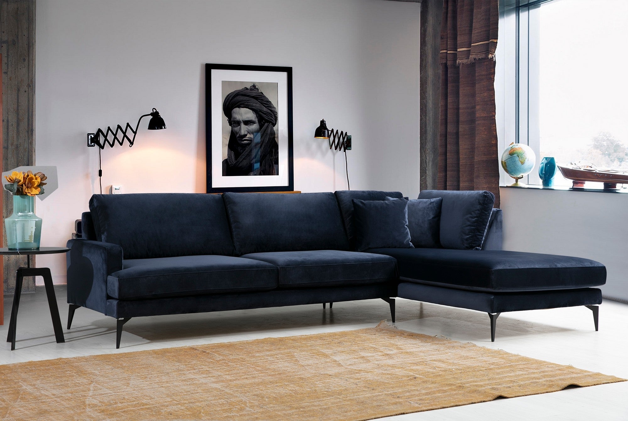 Ecksofa mit Chaiselongue Rechts, 4-Sitzer, aus Samtstoff, Papira Blau