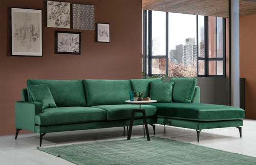 Ecksofa mit Chaiselongue Rechts, 4-Sitzer, aus Samtstoff, Papira Grün (1)