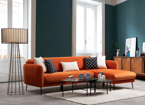 Ecksofa mit Chaiselongue Rechts, 3-Sitzer, aus Samtstoff, Sevilla Orange (1)