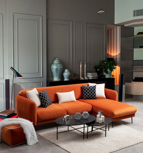 Ecksofa mit Chaiselongue Rechts, 3-Sitzer, aus Samtstoff, Sevilla Orange