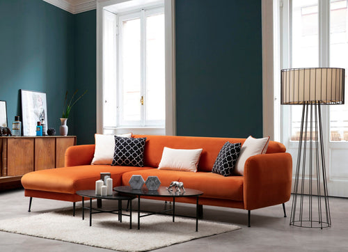 Ecksofa mit Chaiselongue Links, 3-Sitzer, aus Samtstoff, Sevilla Orange (1)