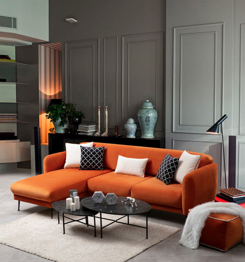 Ecksofa mit Chaiselongue Links, 3-Sitzer, aus Samtstoff, Sevilla Orange