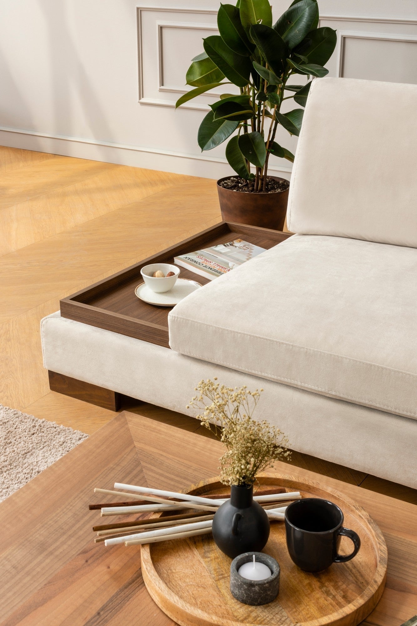 Ecksofa mit Chaiselongue Rechts, 4-Sitzer, aus Samtstoff, Tulip Beige (3)