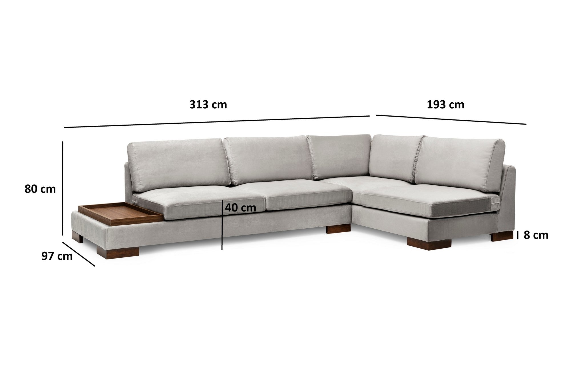 Ecksofa mit Chaiselongue Rechts, 4-Sitzer, aus Samtstoff, Tulip Grau (7)