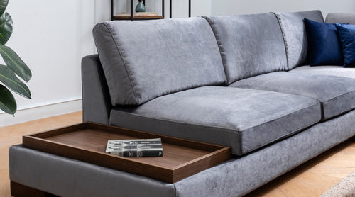 Ecksofa mit Chaiselongue Rechts, 4-Sitzer, aus Samtstoff, Tulip Grau (1)