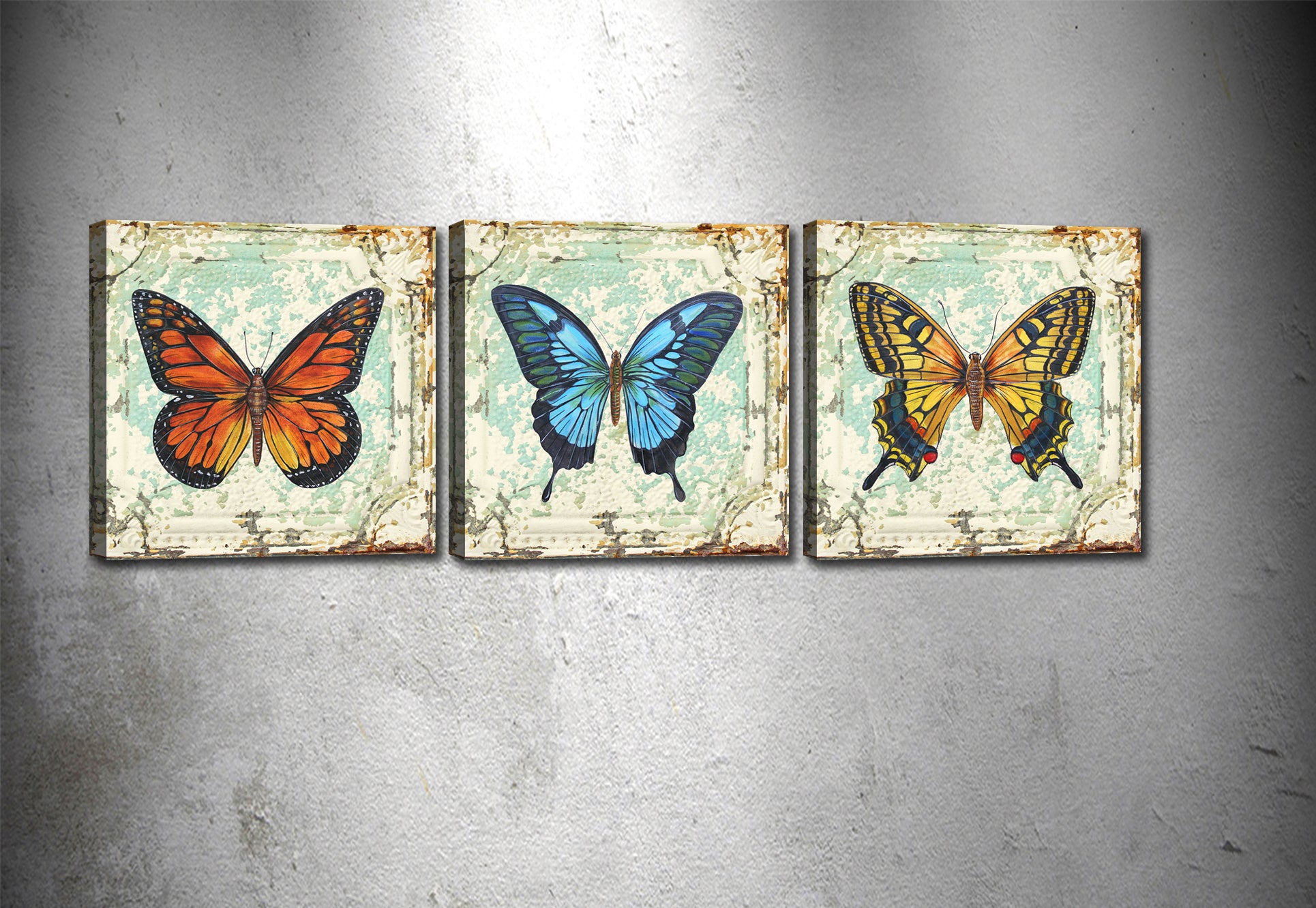 Leinwandbilder 3er Set Butterflies Mehrfarben, 90 x 30 cm