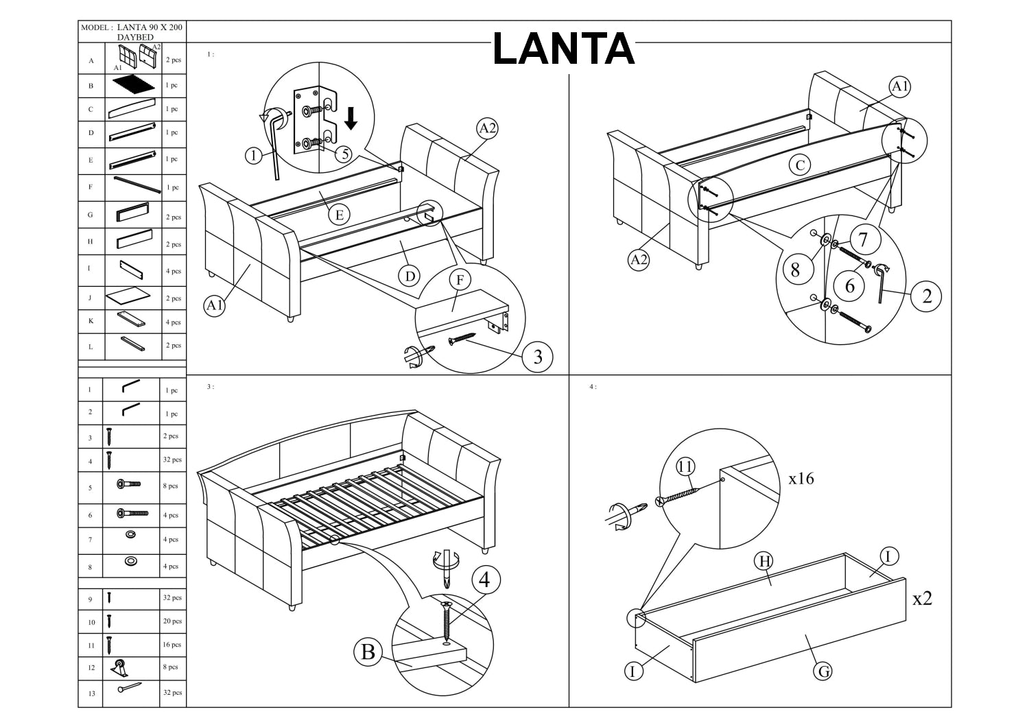 Tagesbett mit 2 schubladen, aus Stoff Lanton Grau (1)