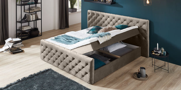 Boxspringbett mit Bettkasten, aus Samtstoff, Lauria Cappuccino (3)