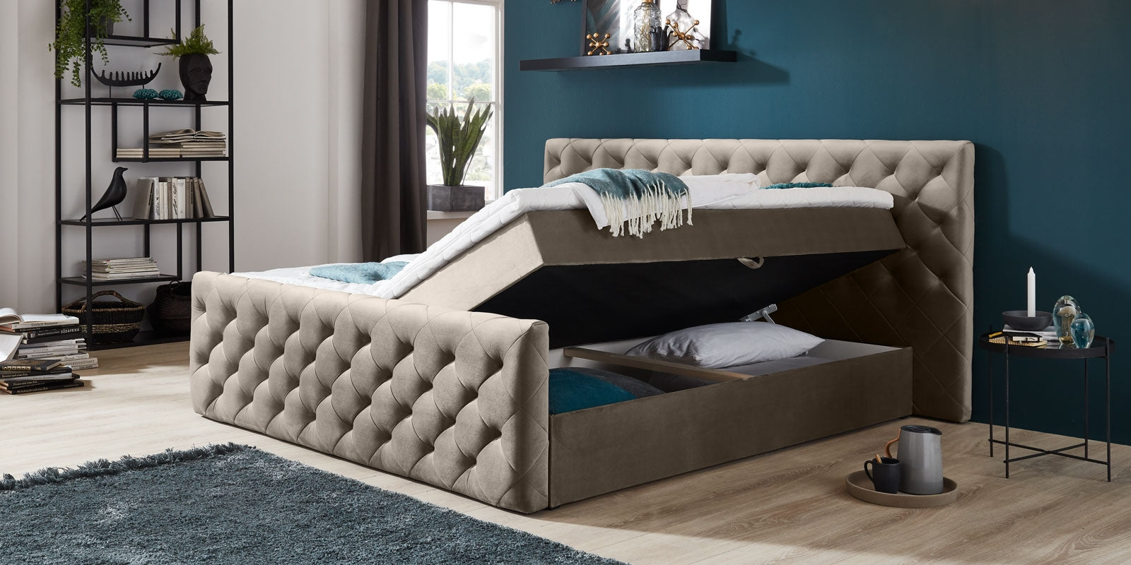 Boxspringbett mit Bettkasten, aus Samtstoff, Lauria Cappuccino (4)