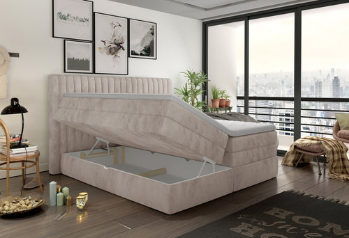 Boxspringbett mit Bettkasten und Topper, aus Samtstoff, Mina Creme, 160 x 200 cm (1)