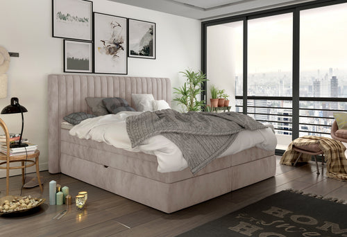 Boxspringbett mit Bettkasten und Topper, aus Samtstoff, Mina Creme, 160 x 200 cm