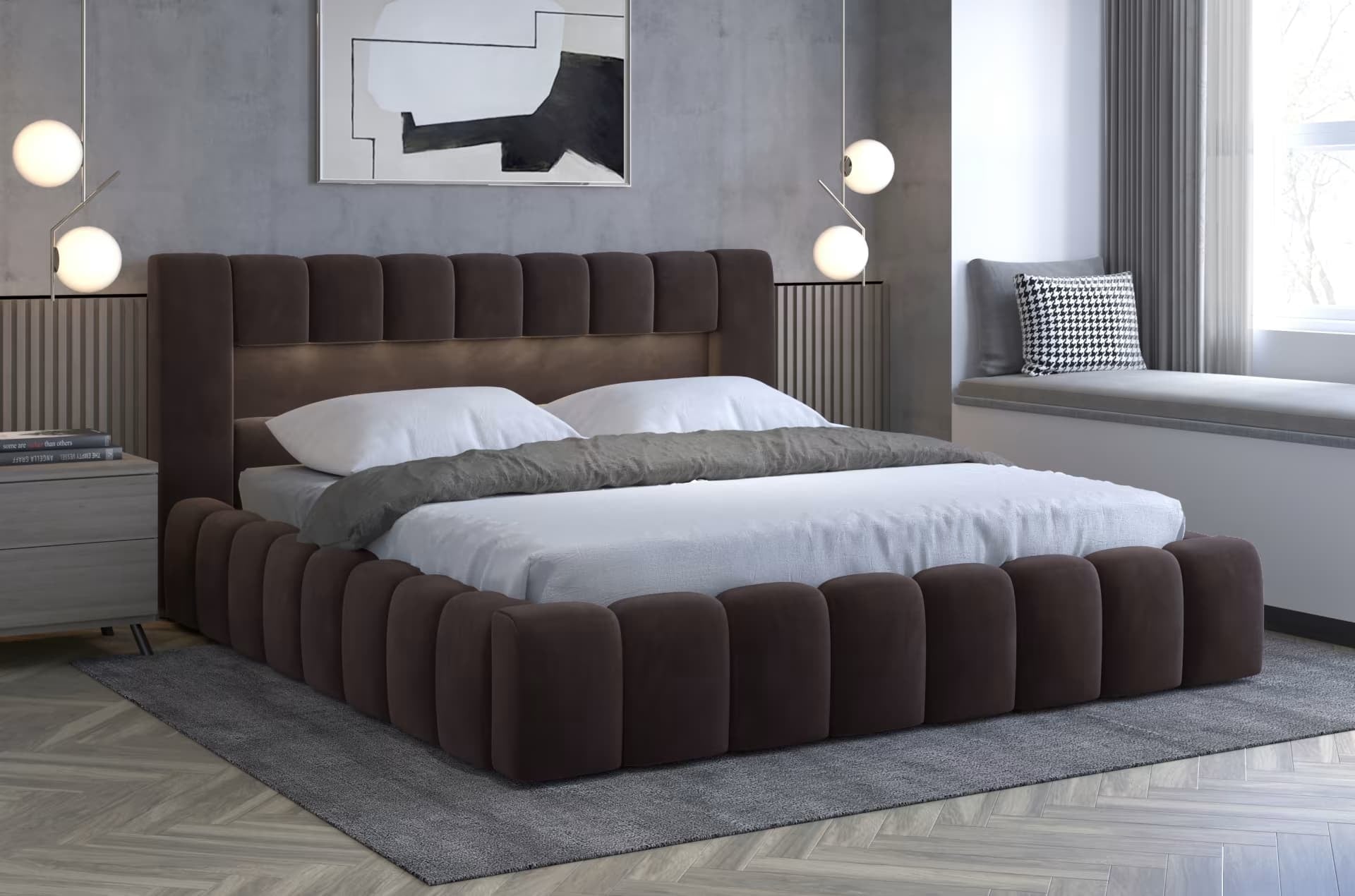 Polsterbett mit Stauraum, aus Samtstoff, Lamiso Neutral & ELTMPL-BED-LAMICA-LAM_MET-NEUTRAL