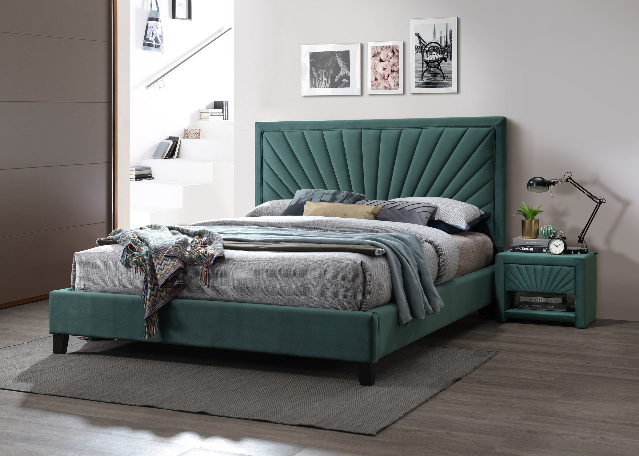 Polsterbett mit Samtstoff, Angelo Grün & SMPBBT-61027-PAT-ANGELO-VELVET-EMERALD-GREEN