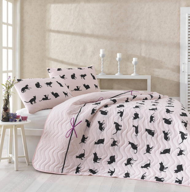 Set Tagesdecke mit 2 kissen Cats Rosa, 160 x 220 cm